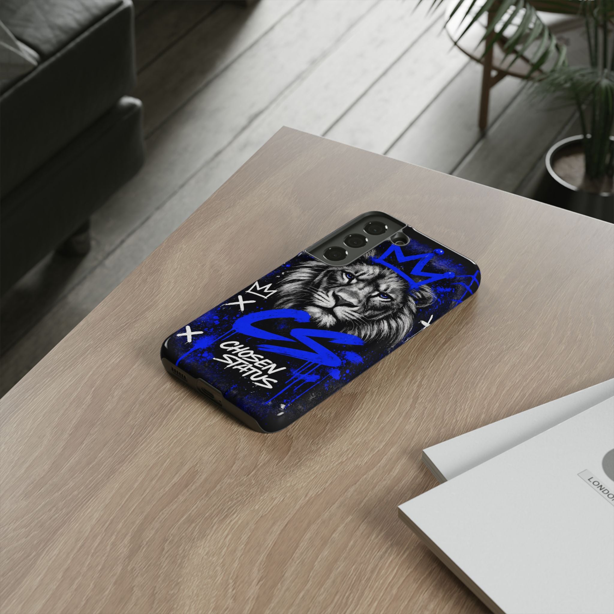 Lion “Chosen Status” Phone Case — Blue Graffiti Protective Cover