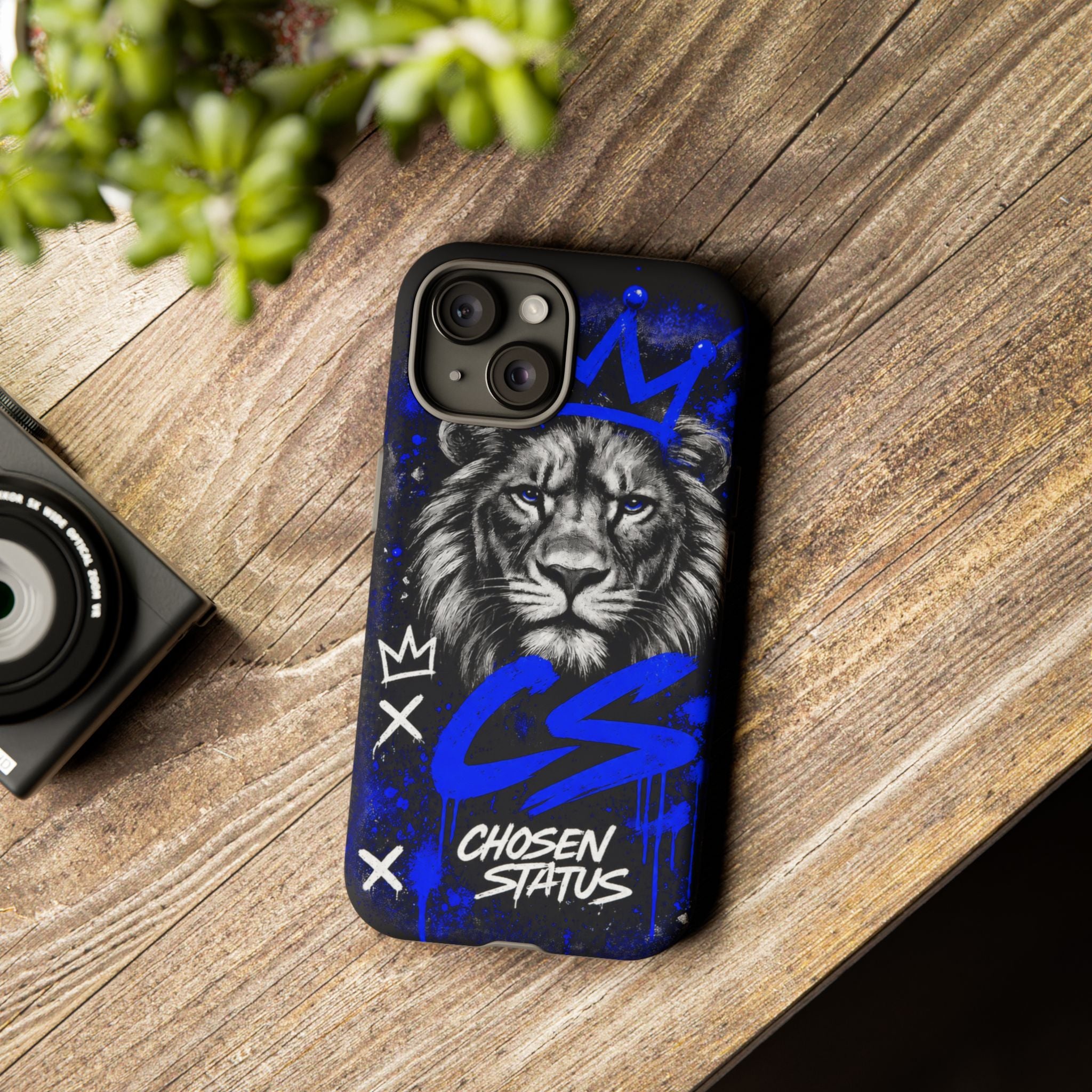 Lion “Chosen Status” Phone Case — Blue Graffiti Protective Cover