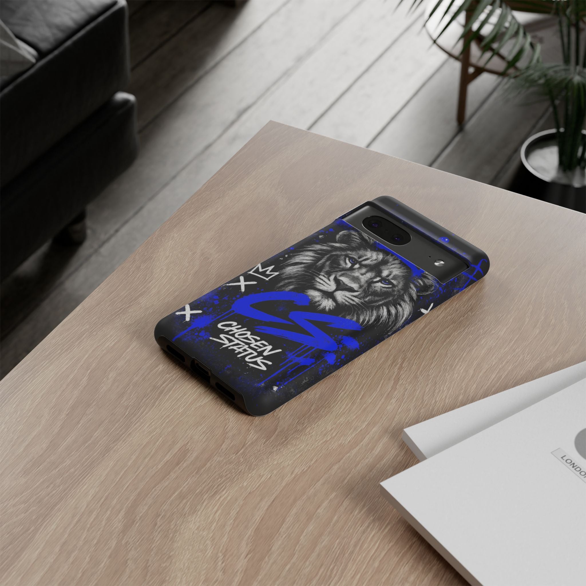 Lion “Chosen Status” Phone Case — Blue Graffiti Protective Cover