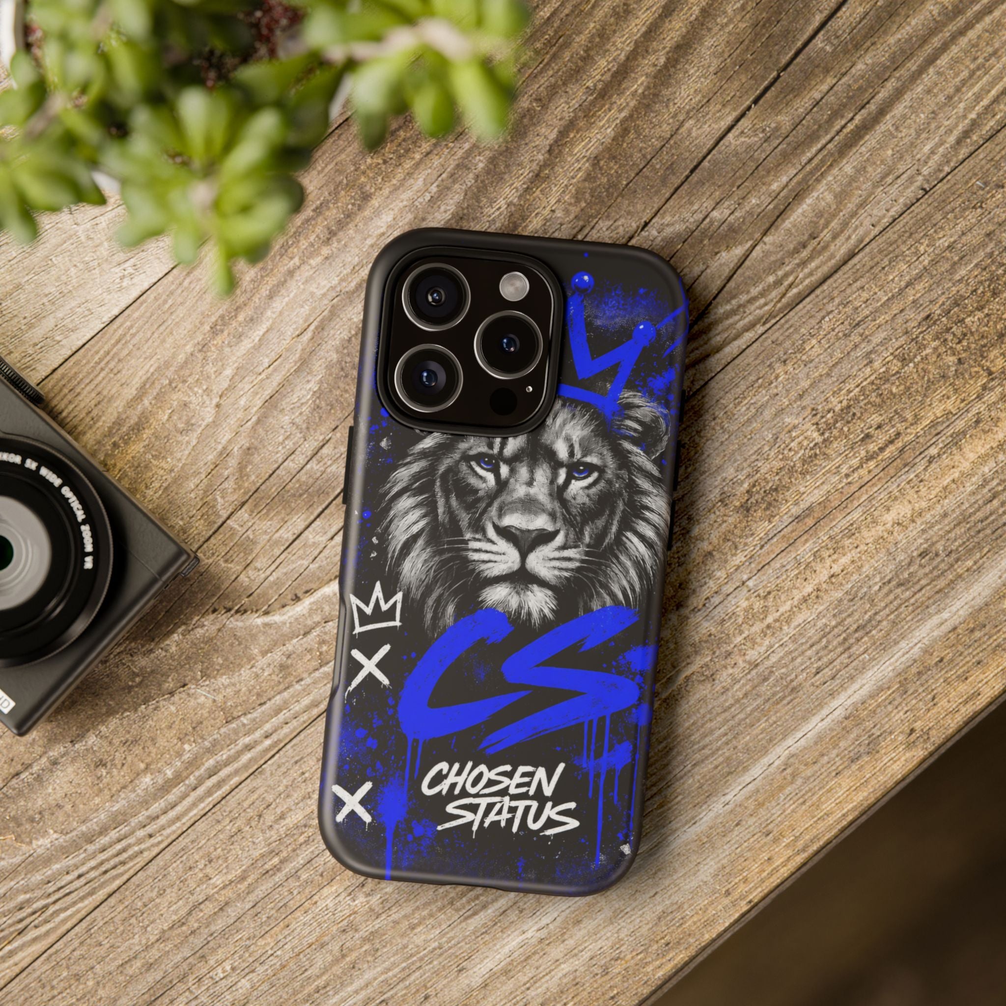 Lion “Chosen Status” Phone Case — Blue Graffiti Protective Cover