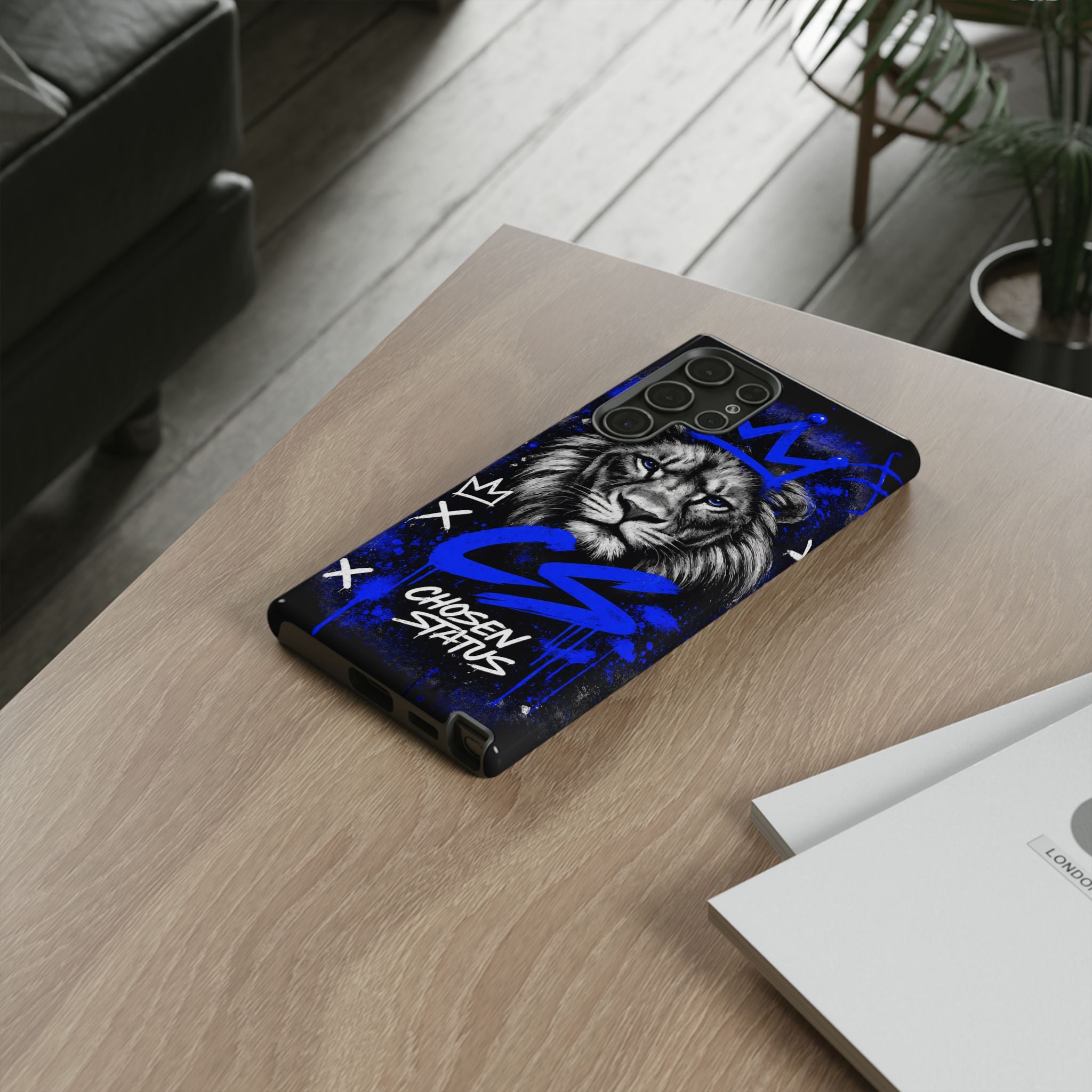 Lion “Chosen Status” Phone Case — Blue Graffiti Protective Cover