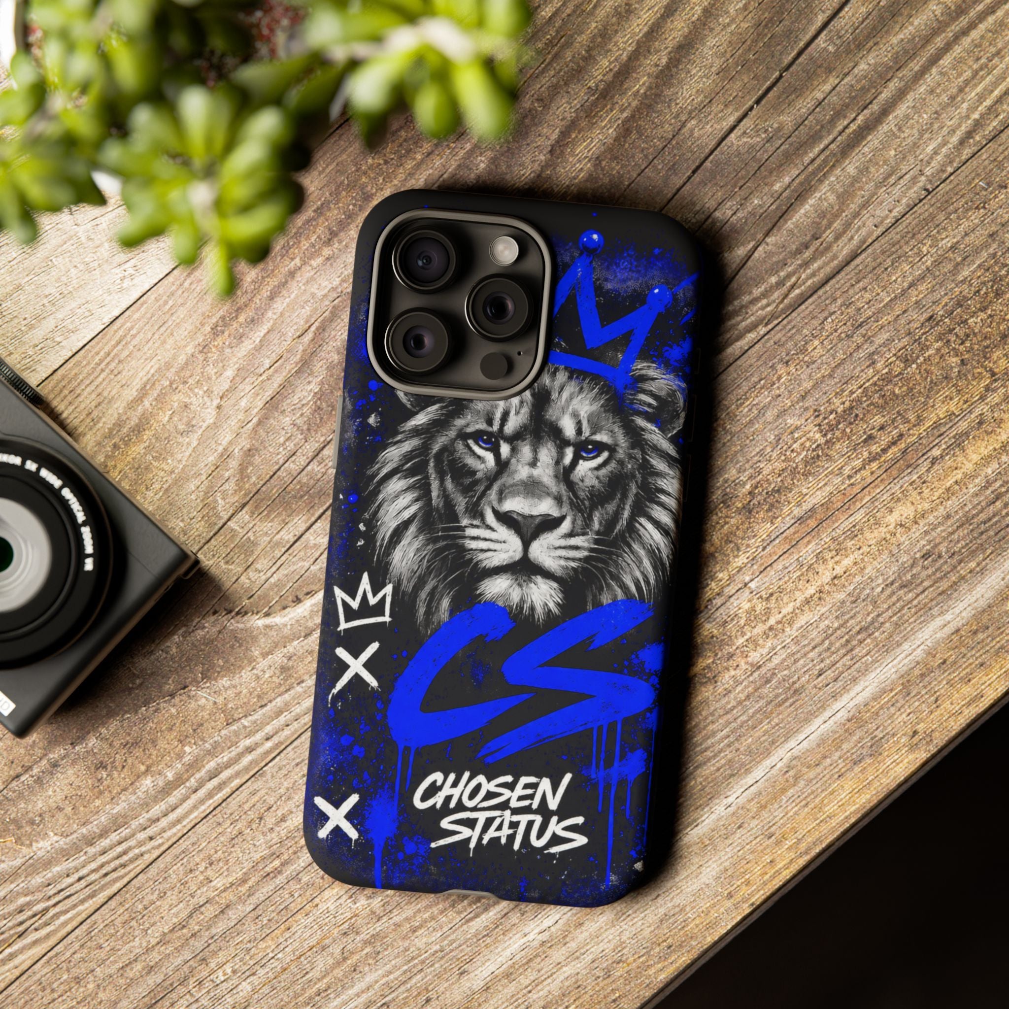 Lion “Chosen Status” Phone Case — Blue Graffiti Protective Cover