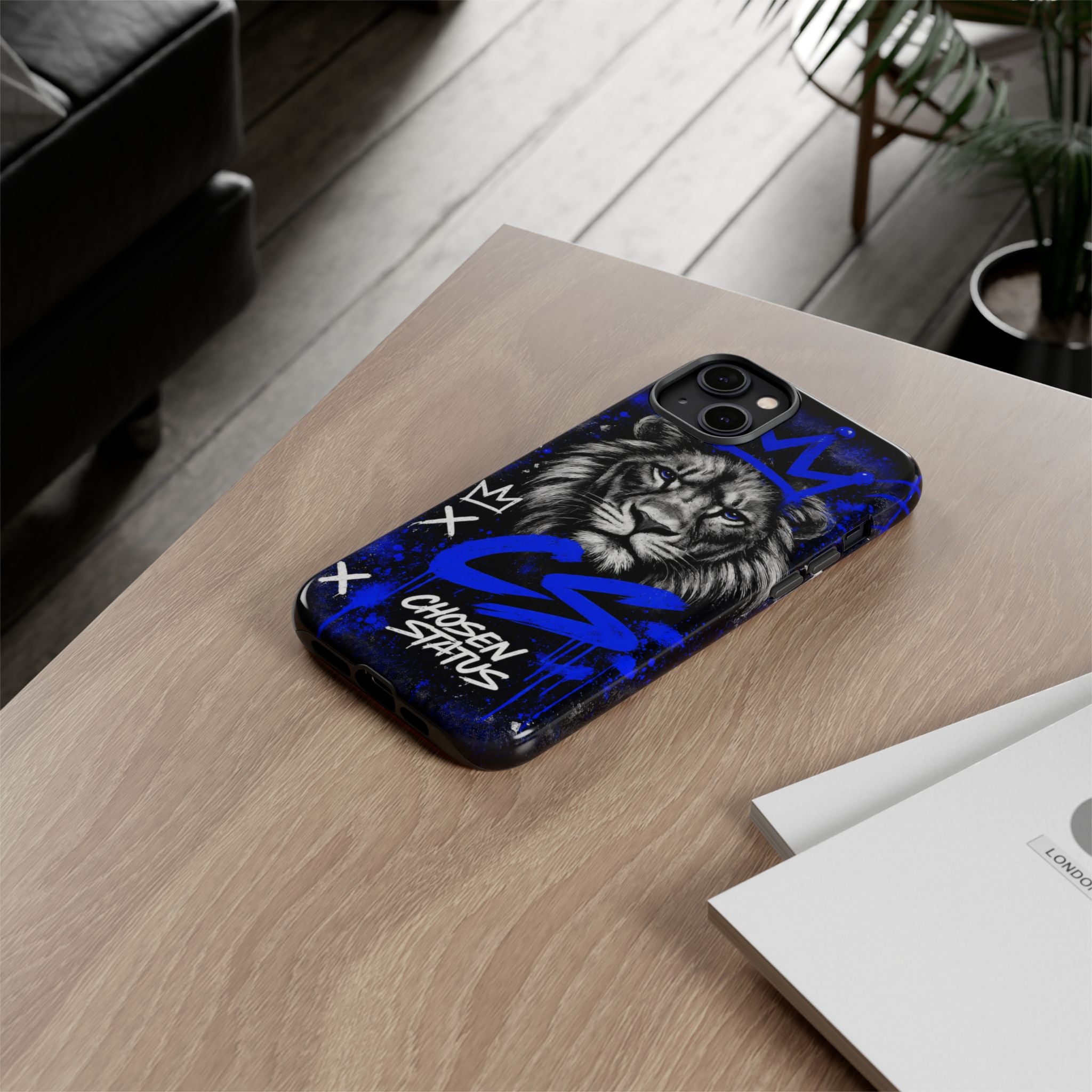 Lion “Chosen Status” Phone Case — Blue Graffiti Protective Cover