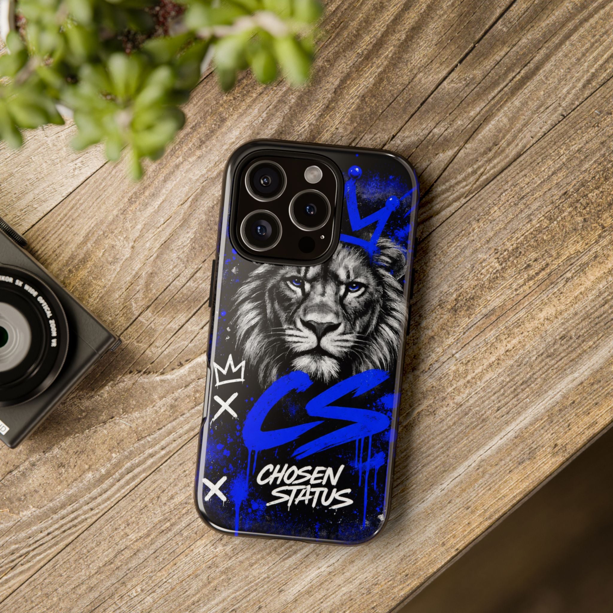 Lion “Chosen Status” Phone Case — Blue Graffiti Protective Cover