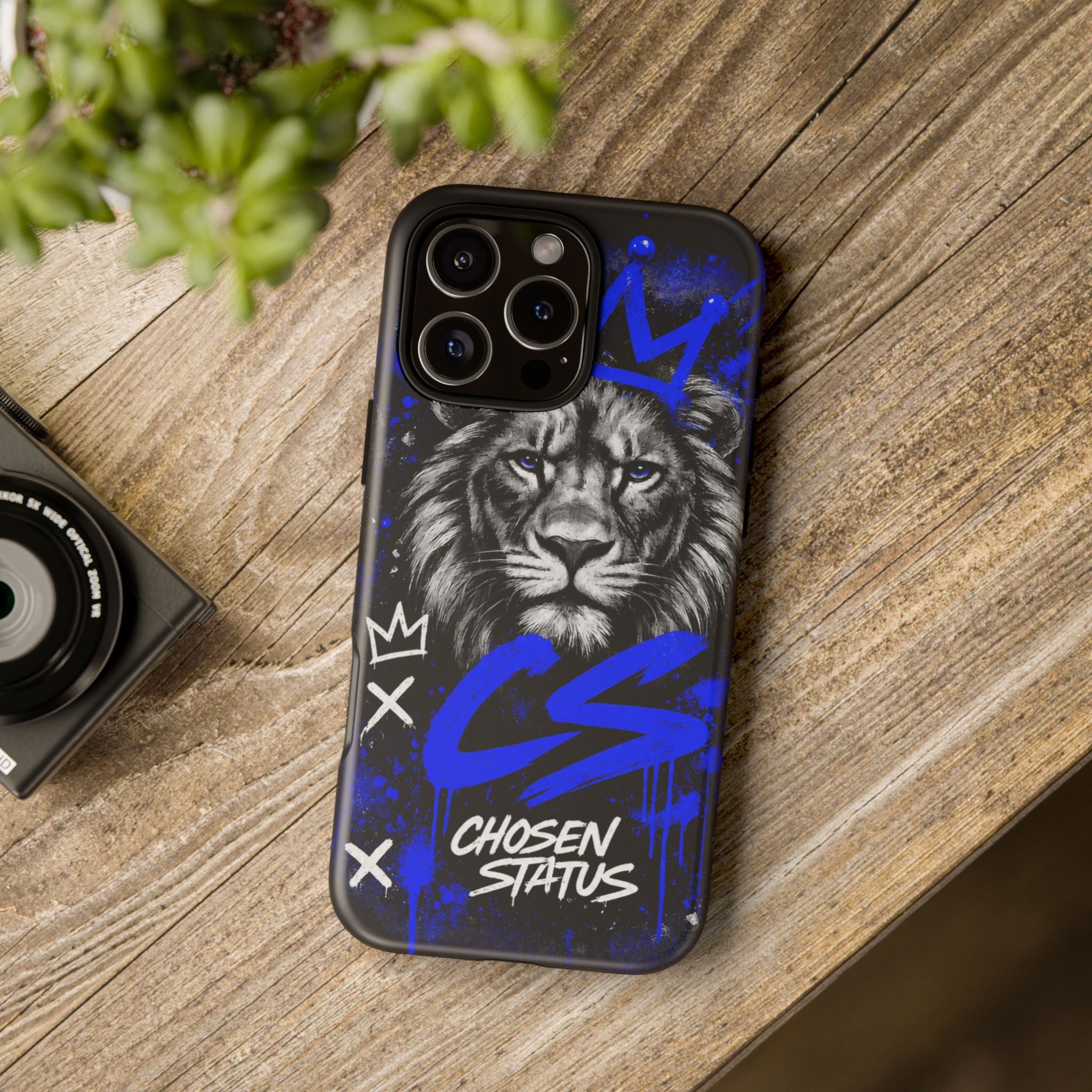 Lion “Chosen Status” Phone Case — Blue Graffiti Protective Cover