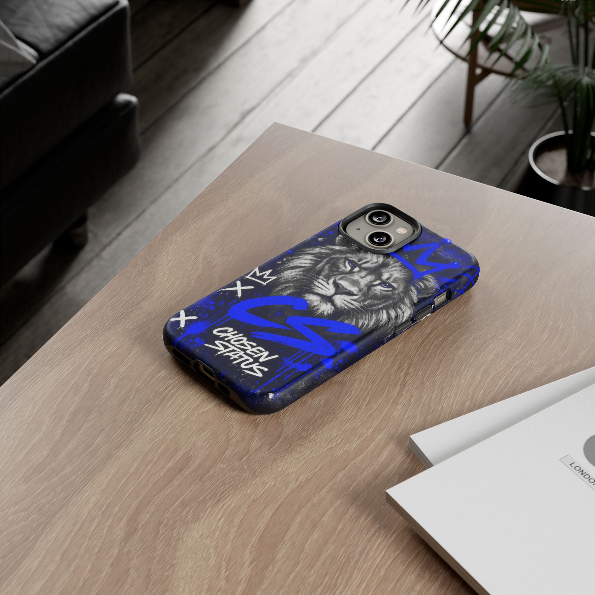 Lion “Chosen Status” Phone Case — Blue Graffiti Protective Cover