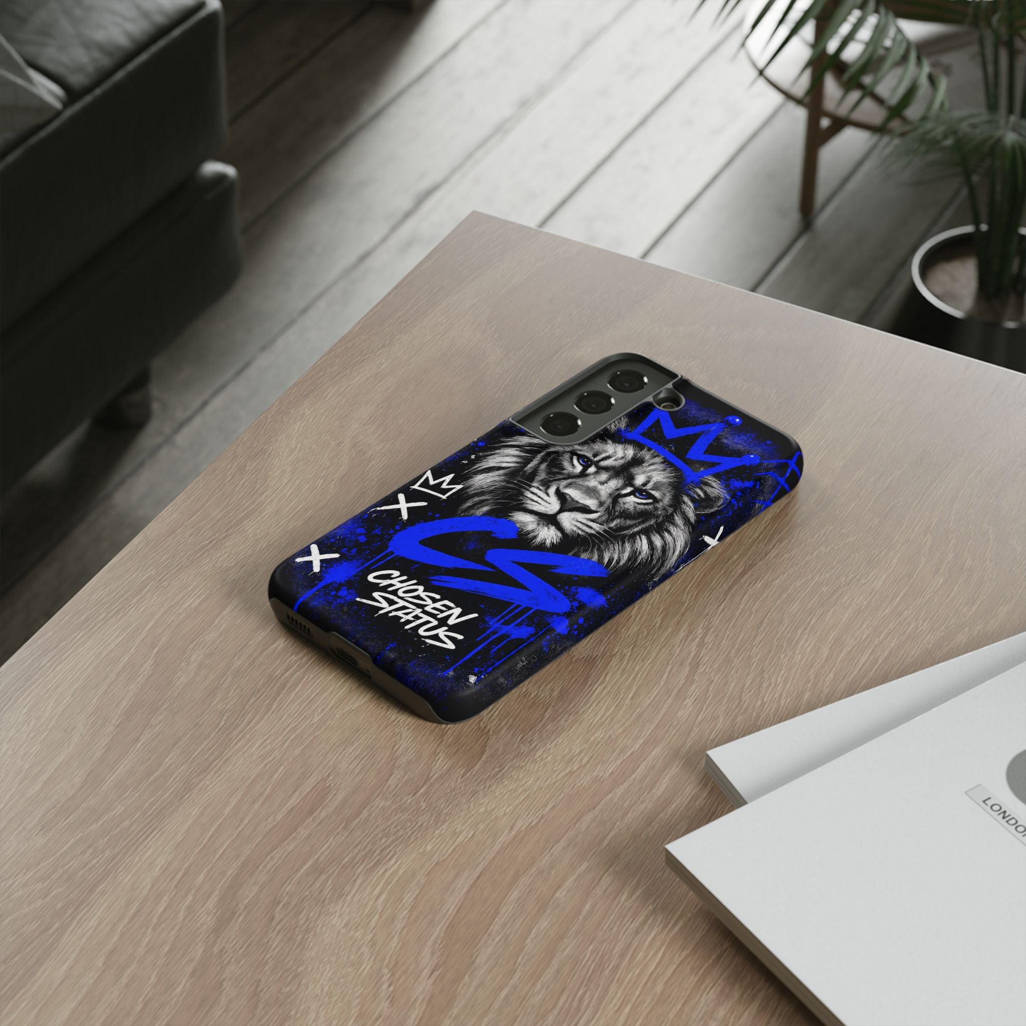Lion “Chosen Status” Phone Case — Blue Graffiti Protective Cover