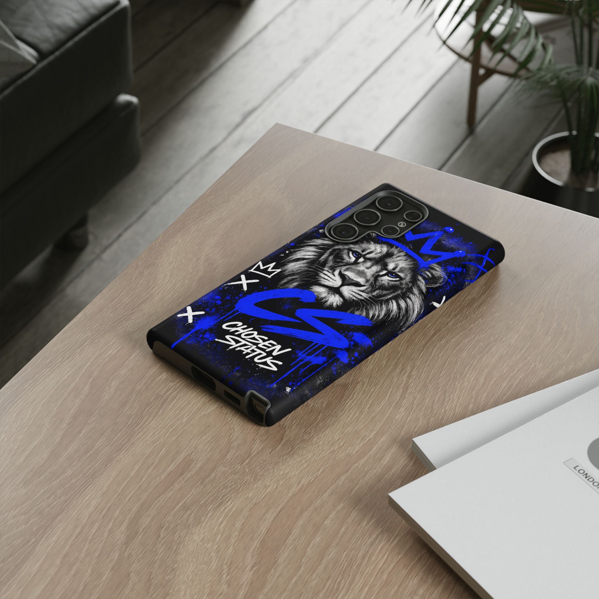 Lion “Chosen Status” Phone Case — Blue Graffiti Protective Cover