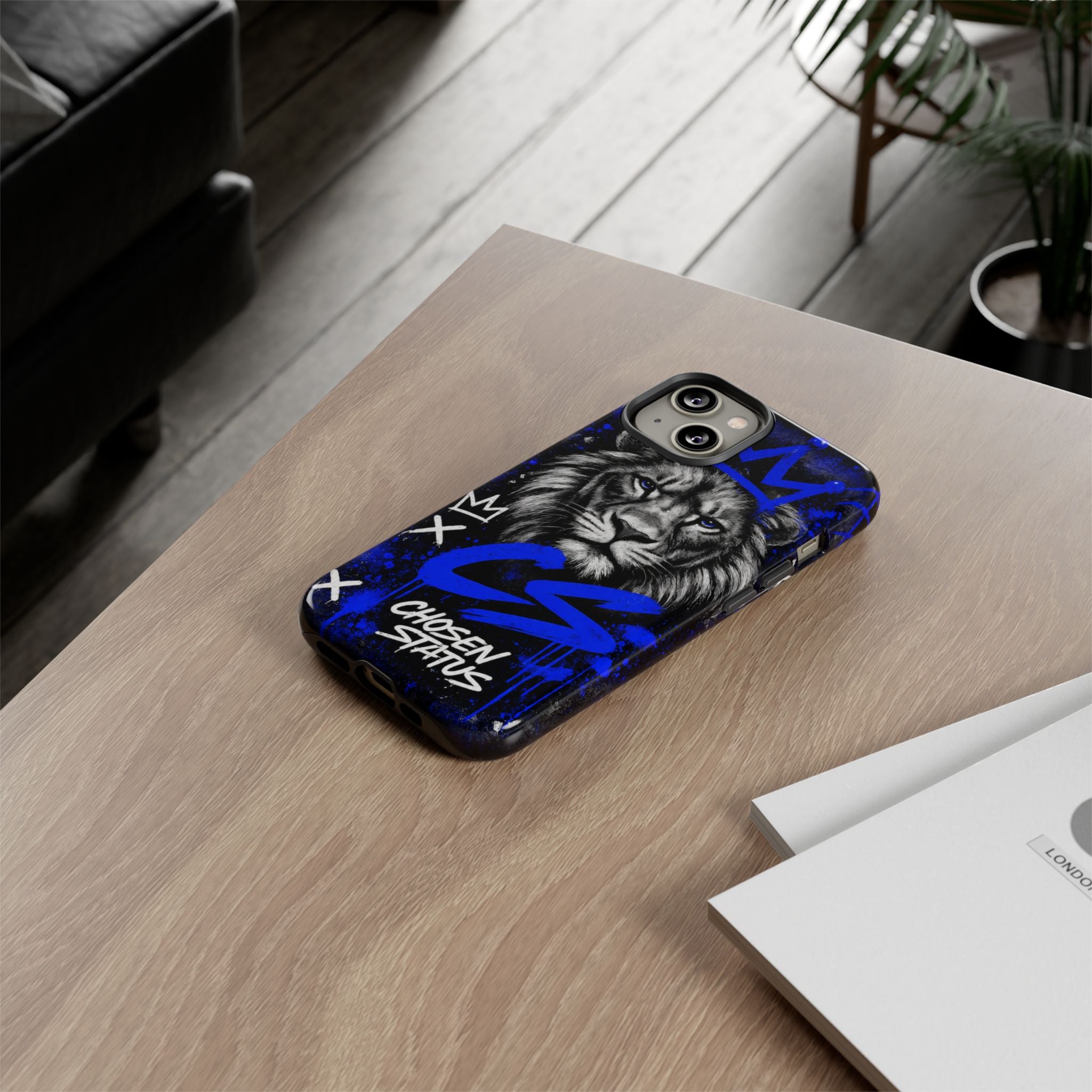 Lion “Chosen Status” Phone Case — Blue Graffiti Protective Cover