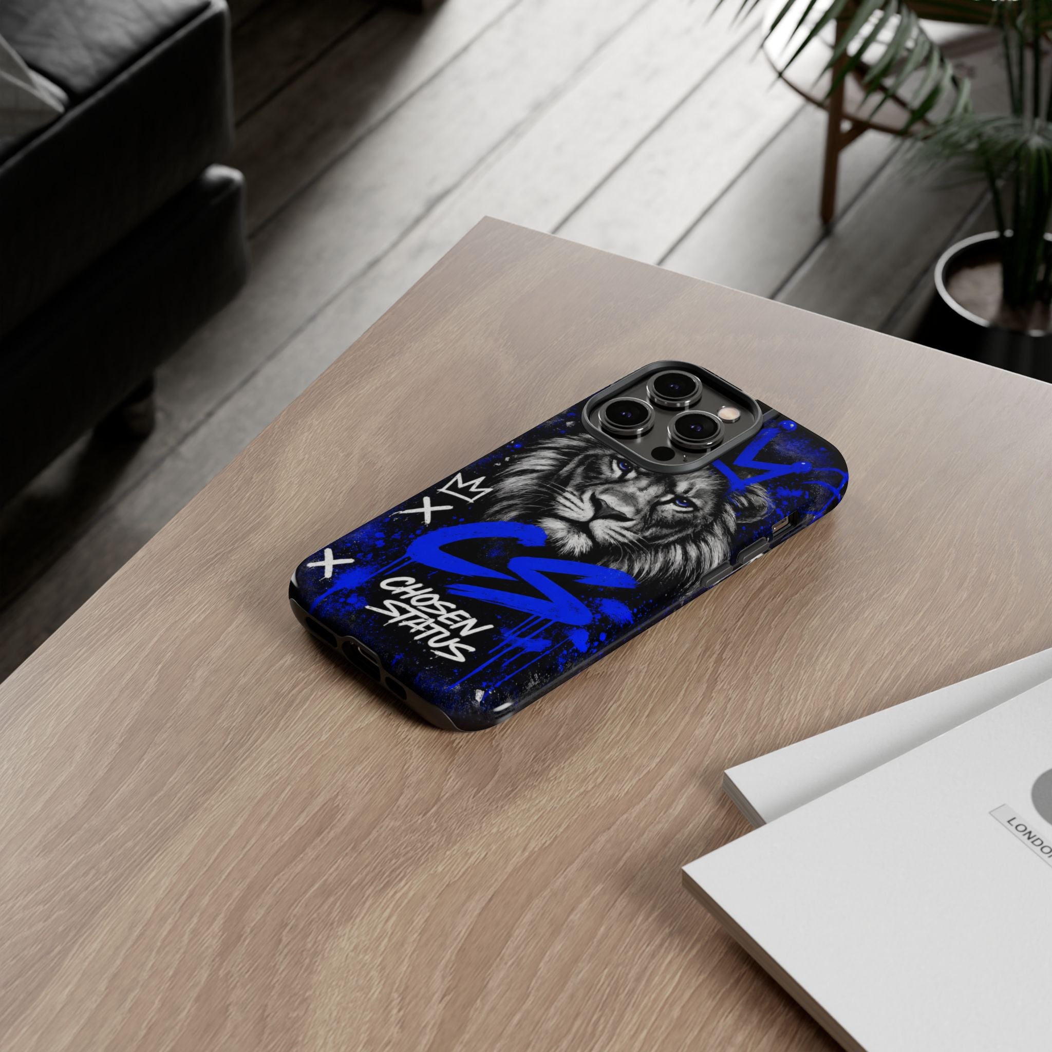 Lion “Chosen Status” Phone Case — Blue Graffiti Protective Cover