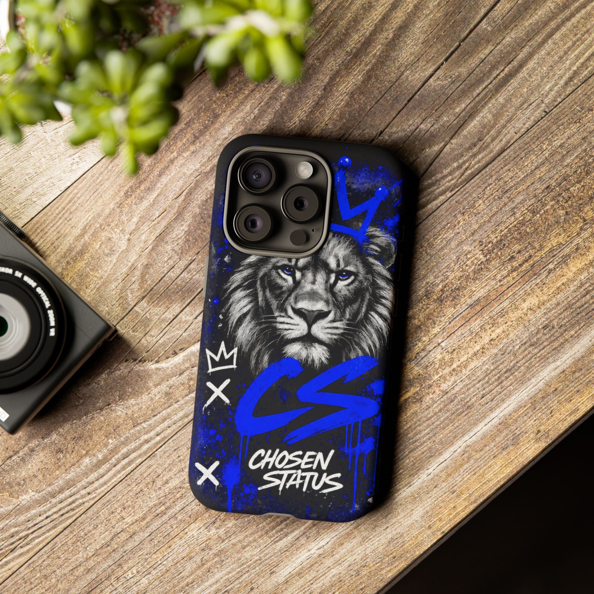 Lion “Chosen Status” Phone Case — Blue Graffiti Protective Cover
