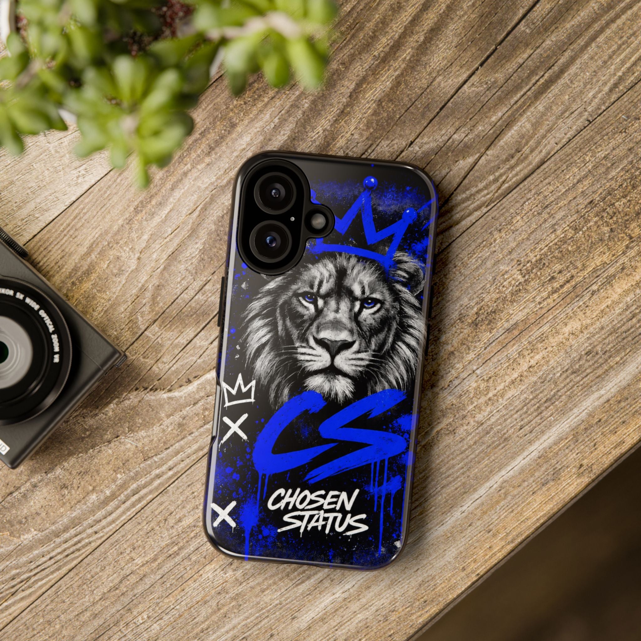 Lion “Chosen Status” Phone Case — Blue Graffiti Protective Cover