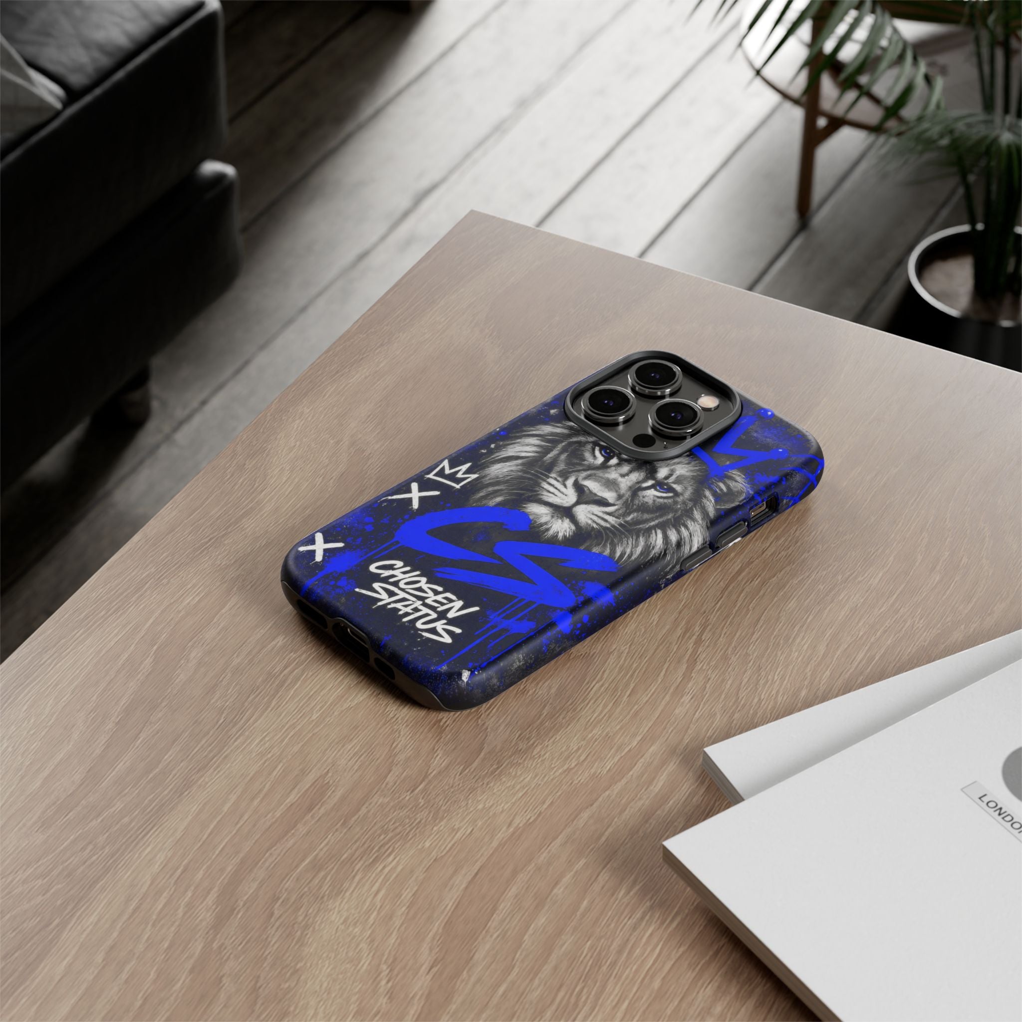 Lion “Chosen Status” Phone Case — Blue Graffiti Protective Cover