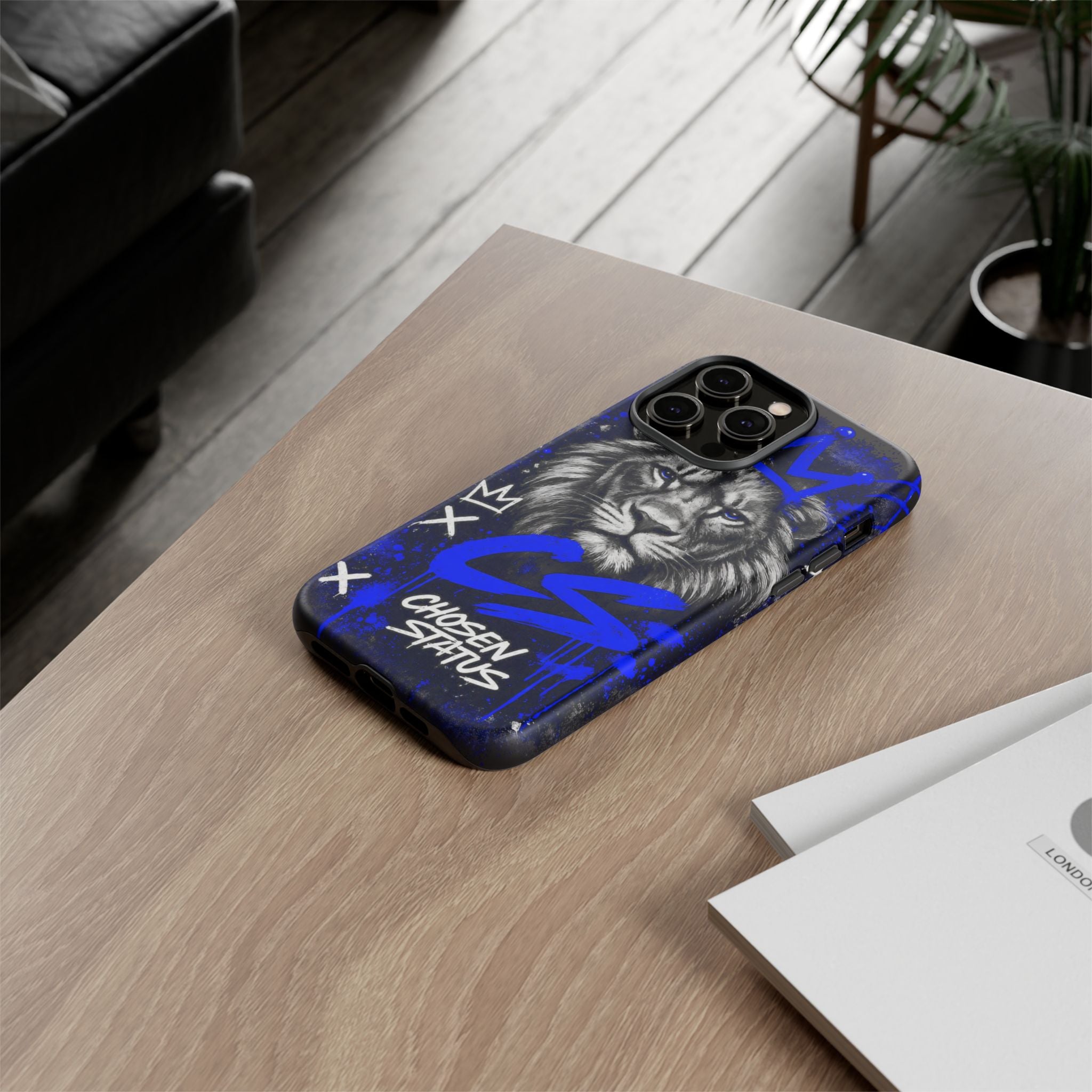 Lion “Chosen Status” Phone Case — Blue Graffiti Protective Cover