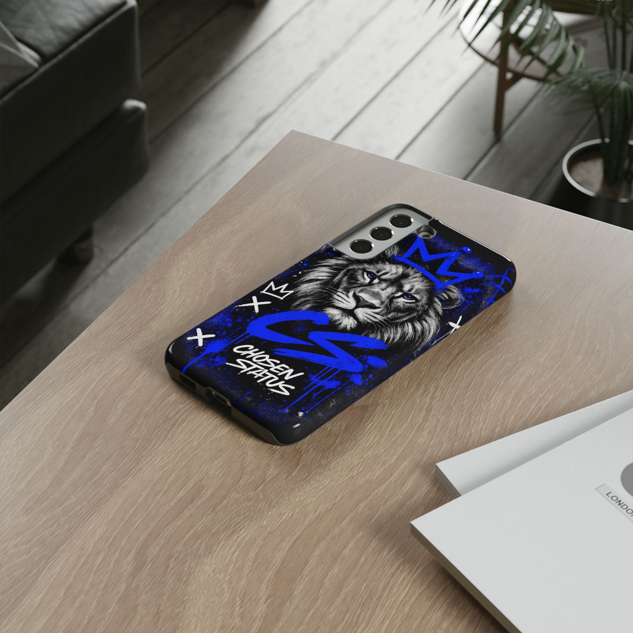 Lion “Chosen Status” Phone Case — Blue Graffiti Protective Cover